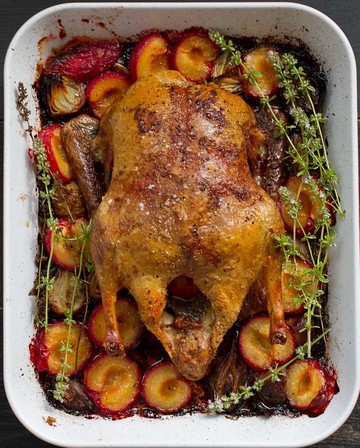 Roasted Duck with Plums & Red Onions 
